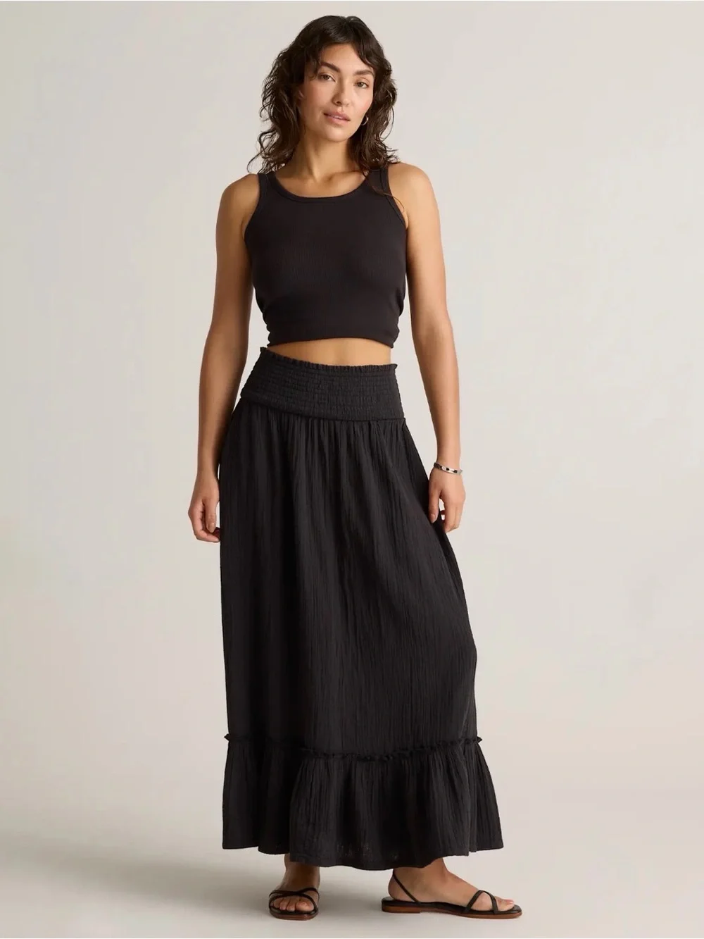 Black Smocked-Waist Maxi Skirt